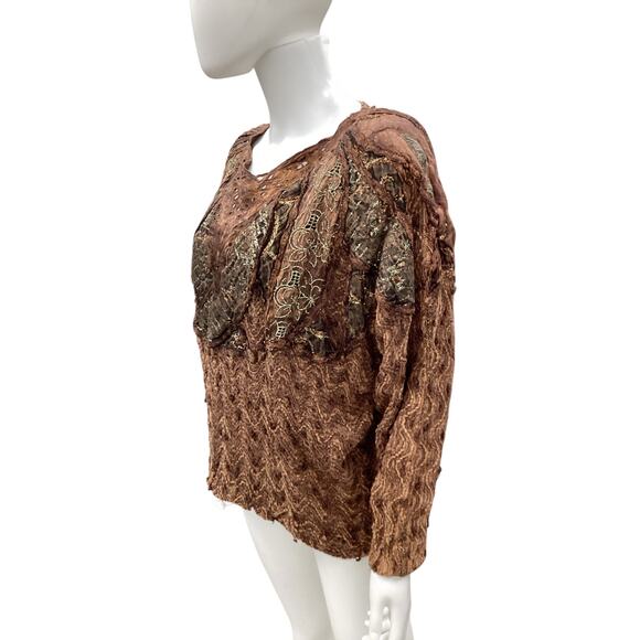 Vintage Caché Top Women’s Size L 100% Rayon 3/4 Sleeve Made In Italy Brown &Gold - Picture 2 of 5